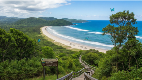 ケープ・トリビュレーションの展望ポイントから見下ろす、世界最古の熱帯雨林とグレートバリアリーフが直接出会う海岸線。ビーチへと続く木製の階段と、澄み切った青い海の上を舞う2羽のユリシス