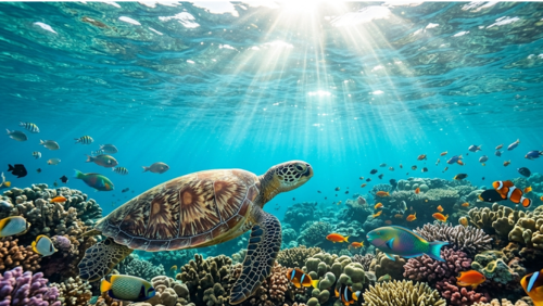 グレートバリアリーフの透明な海で、サンゴ礁の上をウミガメとカラフルな魚が泳ぐ水中の絶景