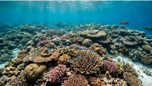無数のサンゴが広がり、グレートバリアリーフの巨大なサンゴ礁構造がわかる水中の風景