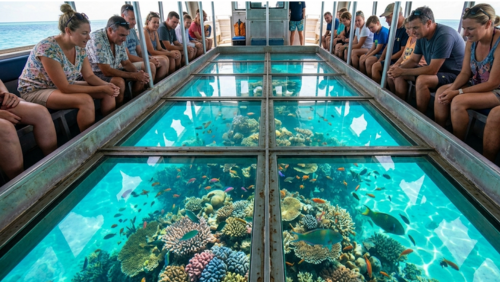 グラスボトムボートのガラス底からグレートバリアリーフのサンゴ礁と魚を見る観光客