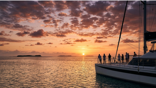 夕日に染まる海を進むグレートバリアリーフのサンセットクルーズと船上の観光客