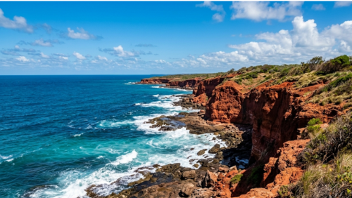 ケープヨーク半島の赤い崖と深い青の海が広がる荒々しい海岸の絶景