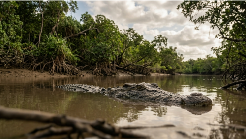 ケープヨーク半島の河口の水面に浮かぶイリエワニ