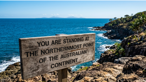 オーストラリア本土最北端ケープヨークの看板と、その先に広がる海とパプアニューギニアの島影