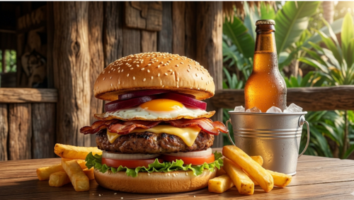 ケープヨークのロードハウスで提供される巨大バーガー「バーガーウィズザロット」とジンジャービール