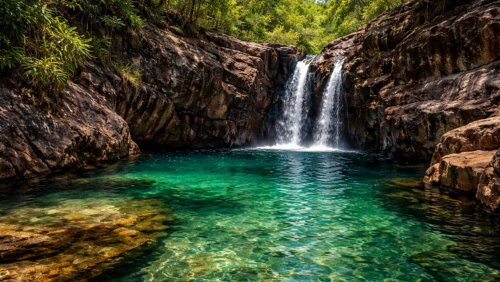 ケープヨーク半島ツインフォールズの二筋の滝と透明な天然プール