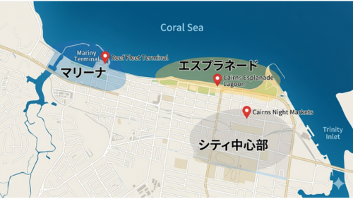 ケアンズのマリーナ・エスプラネード・市内中心部の宿泊エリアを示した地図