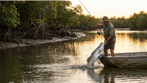 ケープヨーク西海岸ウィーパで巨大バラマンディを釣り上げるシーン