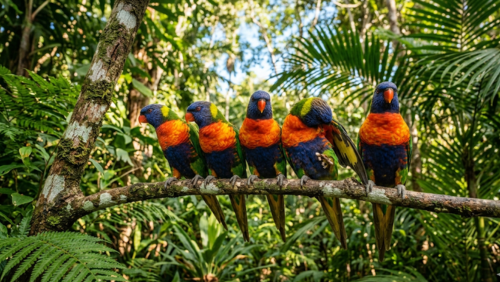 ティウィ諸島の森で木にとまるカラフルなレインボー・ロリキート
