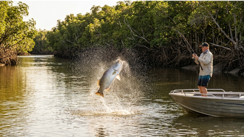 ティウィ諸島のマングローブ河口で巨大バラマンディを釣り上げるシーン