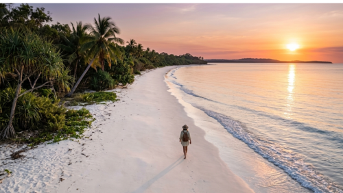 ティウィ諸島の静かなビーチを夕方に散策する旅行者