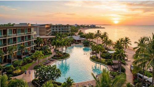 ミンディルビーチを望むMindil Beach Casino Resortのプールとリゾート外観