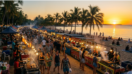 ダーウィンのミンディルビーチ・サンセットマーケットと夕日