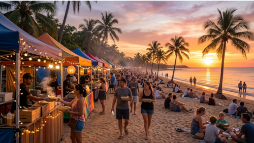 ミンディルビーチ・サンセットマーケットで屋台グルメを買いビーチで夕日を見る人々