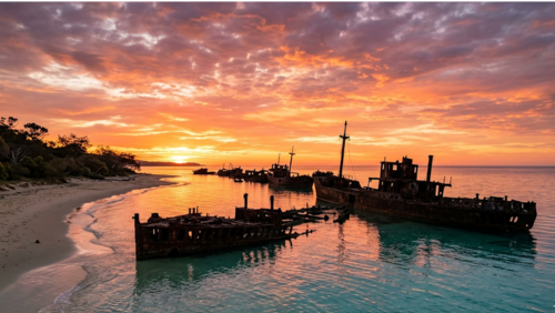 夕焼けに染まるモートン島の難破船と海の幻想的な絶景