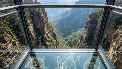 ガラス底ゴンドラから見下ろすブルー・マウンテンズの270メートルの断崖絶壁