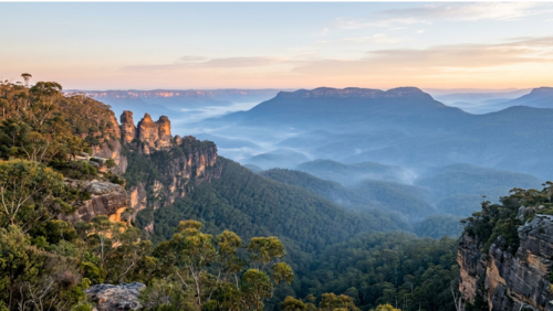 朝の青い霧に包まれたブルー・マウンテンズの静かな渓谷の絶景
