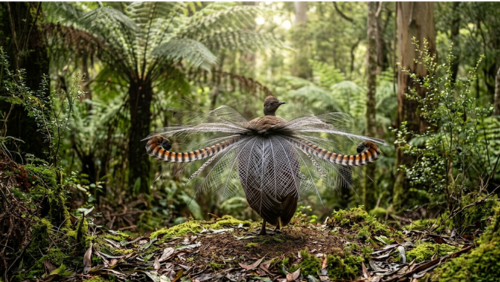 尾羽を広げて求愛ディスプレイをするコトドリ（ライアーバード）の美しい姿