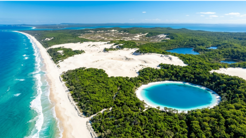 上空から見たフレーザー島の白い砂と青い湖が広がる大自然の絶景