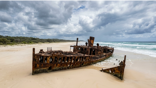 白い砂浜に埋もれたマヘノ号と海が広がるフレーザー島の絶景