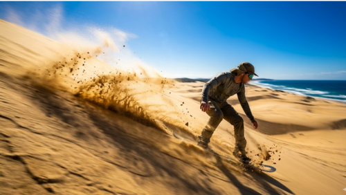 高さ30mの砂丘をサンドボードで滑り降りる迫力ある瞬間