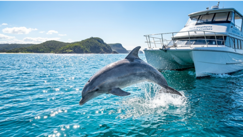 船のすぐそばでジャンプするバンドウイルカと青い海の絶景