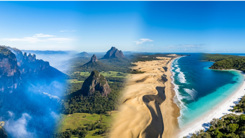 オーストラリア東海岸の「青い物語」を象徴するアイキャッチ画像。青い霧に包まれるブルーマウンテンとスリーシスターズ、クガリ（フレーザー島）のクリスタルブルーの海、躍動するポートスティーブンスの砂丘、古代の神秘を感じるグラスハウスマウンテンズの岩峰を1枚のダイナミックなパノラマ写真に凝縮。