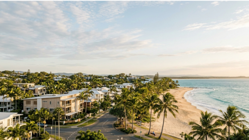オーストラリア・ヌーサの街並み。ヤシの木と低層の建物が広がり、空が広くゆったりとした時間が流れるリゾート風景