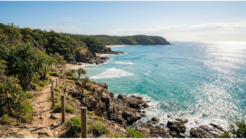 ヌーサ国立公園のコースタルトレイル。透明度の高い海と岩場の海岸線を見渡せる、静かで開放的な絶景トレイルの風景