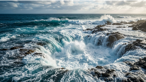 ヌーサ国立公園ボイリング・ポットの風景。岩場に波が激しく打ち寄せ、沸騰するように白い泡が広がる迫力ある海岸の景色