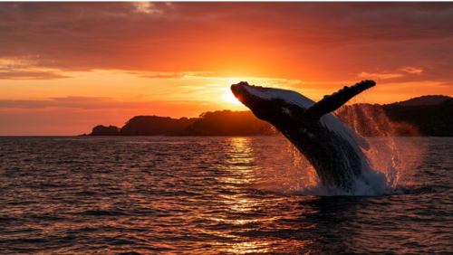 ヌーサ国立公園の夕焼けの海でクジラがジャンプする風景。オレンジ色の空に映える迫力ある瞬間