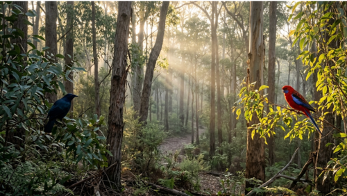 ヌーサ国立公園のユーカリの森で見られる野鳥の風景。右にアカサインコ、左にサテンボウアーバードが枝にとまり、朝の森に彩りを添える様子