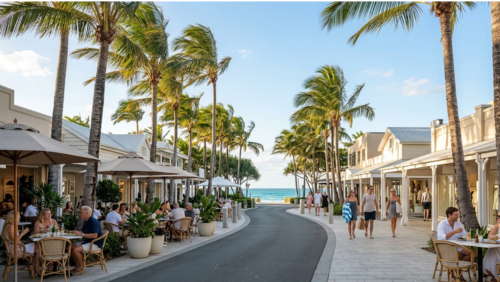 ヌーサのヘイスティングス・ストリートの風景。ヤシの木とカフェやショップが並ぶ、開放的でおしゃれなリゾートの街並み