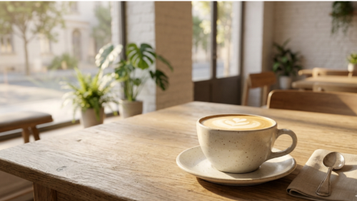 オーストラリアのカフェで楽しむフラットホワイト。きめ細かいミルクフォームとラテアートが美しいコーヒーの風景