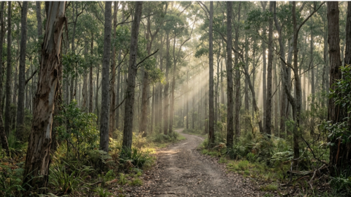 ヌーサ国立公園エミューマウンテンセクションの森の風景。人の少ない静かなトレイルとユーカリの木々に包まれた落ち着いた自然の様子