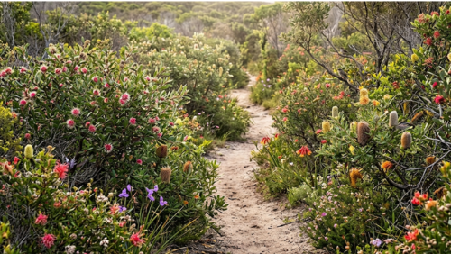 ハケア・ウォークの春の風景。ハケアやバンクシア、グレビレアなどの野花が咲き広がり、野鳥も見られる自然豊かなトレイル