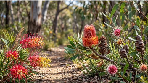 ハケアやバンクシア、グレビレアが咲くオーストラリアのワイルドフラワーの風景