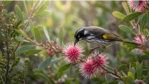 ハケアの花に集まるハニーイーターの風景