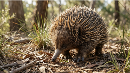 ペレジアンの森で見られるエキドナの風景。落ち葉の中をゆっくり歩くハリモグラのような動物