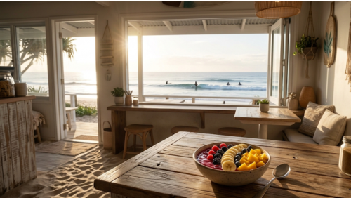 ペレジアンのカフェでスムージーボウルを楽しむ朝の風景。窓の外には波待ちをするサーファーと静かな海が広がる