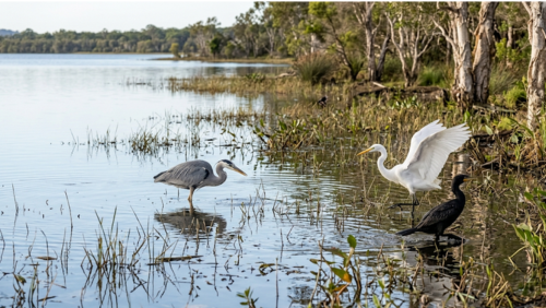 レイク・ウェイバの湖畔でサギやコサギ、ウミウが魚を狙う風景