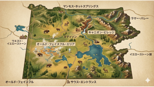 イエローストーン国立公園の観光マップ。オールド・フェイスフル、キャニオン・ビレッジ、ラマー・バレーなど主要スポットの日本語名称と位置関係を示すイラストマップ。