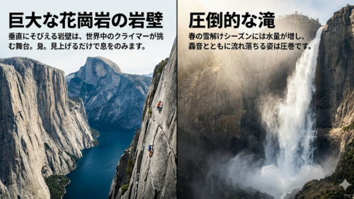 ヨセミテ国立公園の自然景観を構成する要素として、巨大な花崗岩の岩壁（エルキャピタン・ハーフドーム）と圧倒的なヨセミテ滝を左右に分けて解説したインフォグラフィック画像。垂直にそびえる岩壁と轟音を立てて流れ落ちる滝の迫力を日本語説明付きで紹介している。