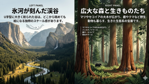 ヨセミテ国立公園の自然景観を構成する要素として、氷河によって形成されたU字型のヨセミテ渓谷と、セコイアの森を中心とした広大な森林生態系を左右に分けて解説したインフォグラフィック画像。壮大な渓谷のスケール感と多様な野生生物が生息する自然環境を日本語説明付きで紹介している。