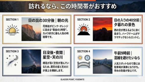 ヨセミテ国立公園のグレイシャーポイントでの最適な訪問時間を紹介するインフォグラフィック。日の出30分後の朝の黄金光、日の入り前の夕焼けによるハーフドームのシルエット、日没後の星空と天の川、午前9時前の混雑回避といった時間帯別の特徴をわかりやすく解説している。