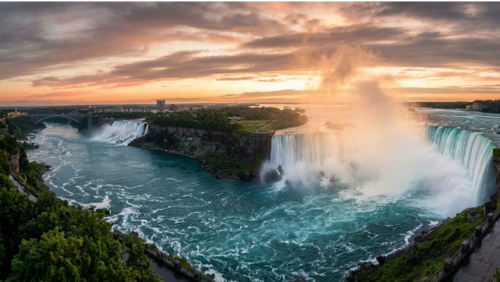 カナダ側から見たナイアガラの滝の壮大な夕景。ホースシュー滝とアメリカ滝から大量の水が流れ落ち、白い水しぶきが立ち上る中、夕日に照らされた空と緑豊かな渓谷が広がる超高精細パノラマ写真。