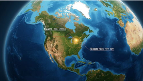 北アメリカを中心に描かれた世界地図の中で、アメリカとカナダの国境に位置するナイアガラの滝が光るマーカーで示された風景。オンタリオ州ナイアガラ・フォールズ市とニューヨーク州ナイアガラ・フォールズ市の位置関係が一目でわかる超高精細マップ画像。