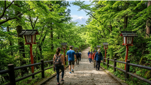 英語: Hikers climbing the famous stone staircase at Arakurayama Sengen Park in early summer, surrounded by lush green forest, with a faint view of Mount Fuji in the distance.
日本語: 初夏の新倉山浅間公園にて、緑豊かな森の中、富士山を望む有名な石段を登るハイカーたち。