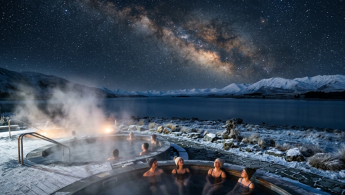 冬のテカポ湖。雪に覆われたサザンアルプスと凍てつく夜空の下、湯気の立つテカポ・スプリングスの温泉に浸かりながら満天の星空を眺める、寒暖の対比が美しい風景。