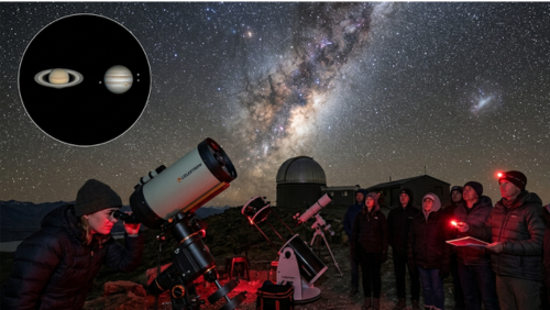 マウントジョン天文台で行われる星空ツアー。ガイドの解説を受けながら望遠鏡で惑星を観察し、満天の天の川が広がるテカポ湖の夜空を見上げる参加者たちの体験シーン。